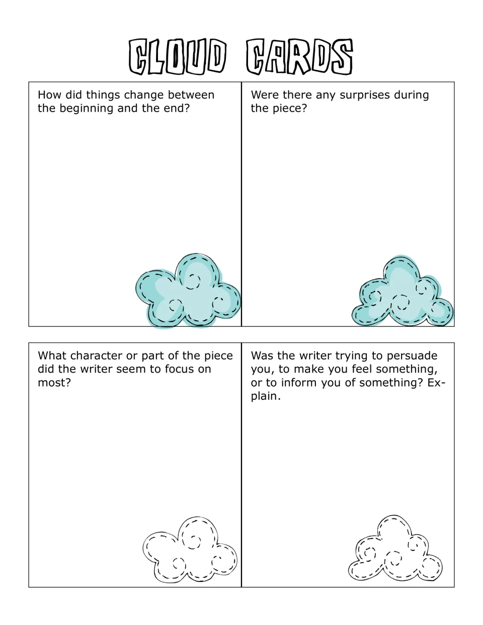 Cloud cards on theme: prompts on change from beginning to end, surprises, the writer's focus and the author's purpose
