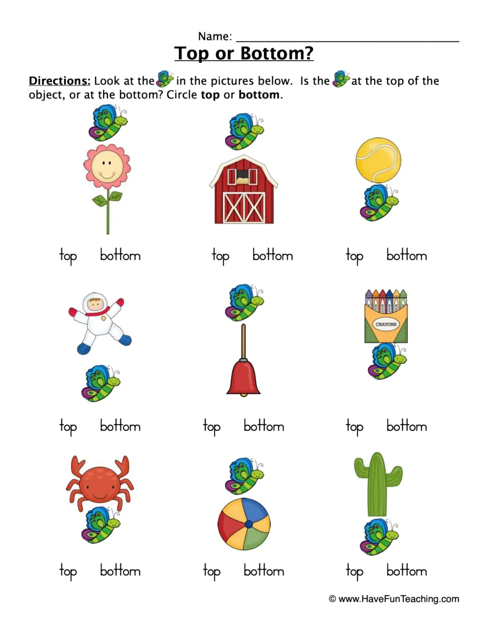 Top or Bottom? positional words: students circle top or bottom for where a butterfly sits on 9 objects like a barn and bell