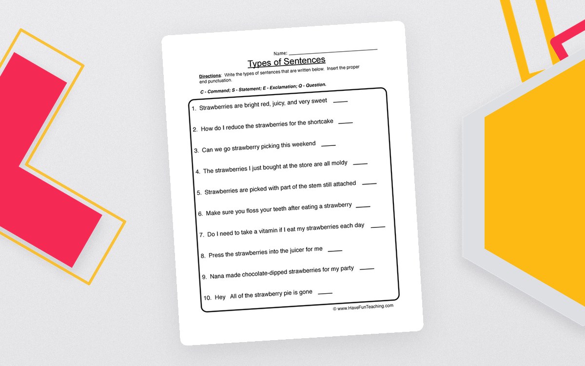 Types of Sentences worksheet with nine sentences to label as statement, question, command, or exclamation.