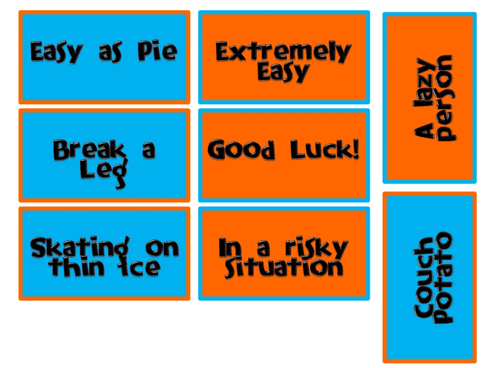 Idiom matching cards: Easy as Pie, Break a Leg, Skating on Thin Ice and Couch Potato paired with meaning cards to cut out