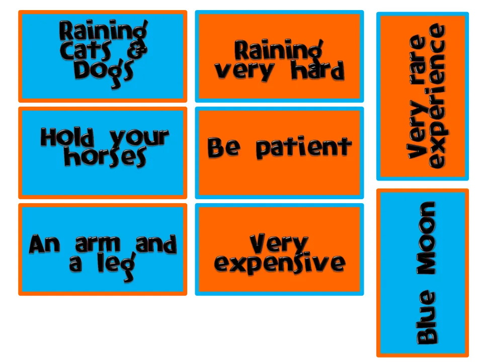 Idiom matching cards: Raining Cats & Dogs, Hold Your Horses, An Arm and a Leg and Blue Moon with their meaning cards