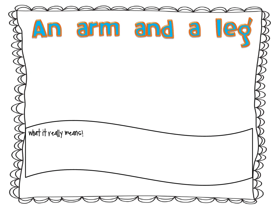 An arm and a leg: students draw this idiom and explain its real meaning about cost under What it really means!