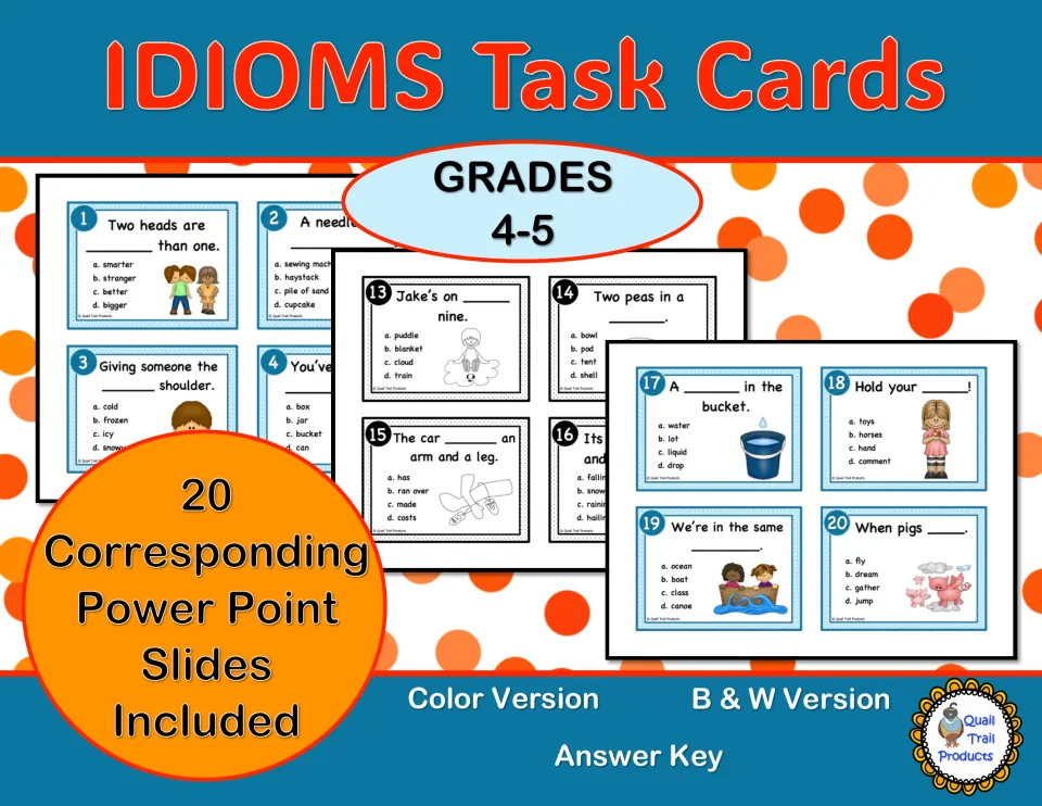 Cover for IDIOMS Task Cards with Power Point Slides, grades 4–5, showing color and black-and-white samples