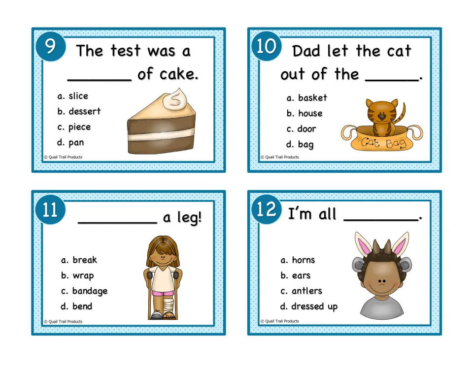 Color idiom cards 9–12: a piece of cake, letting the cat out of the bag, break a leg, and being all ears