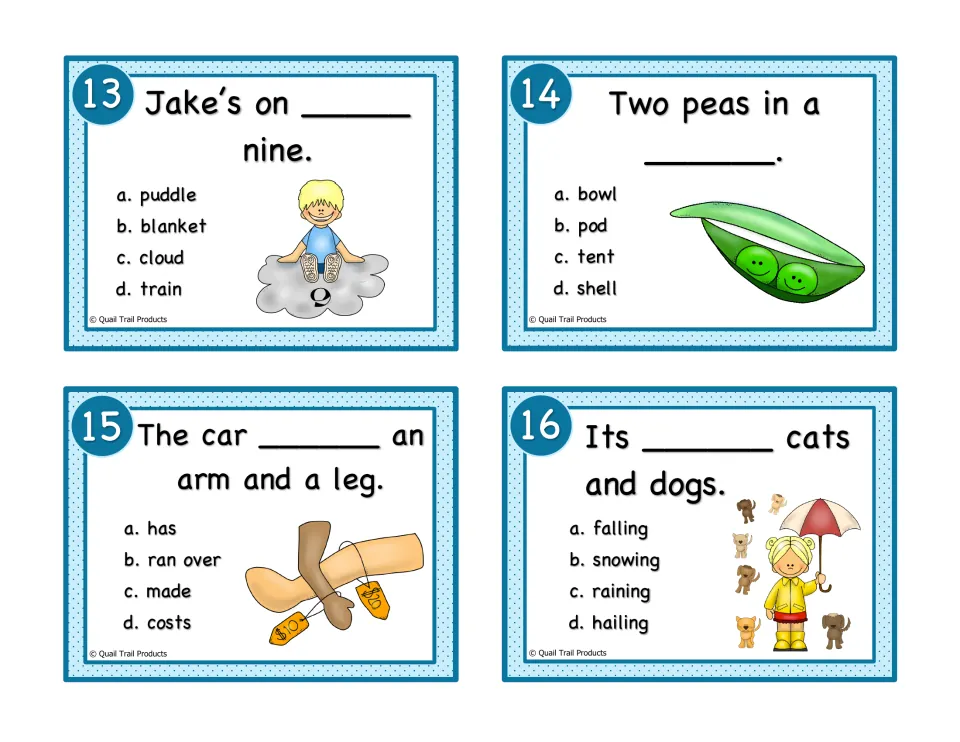 Color idiom cards 13–16: cloud nine, two peas in a pod, costs an arm and a leg, and raining cats and dogs