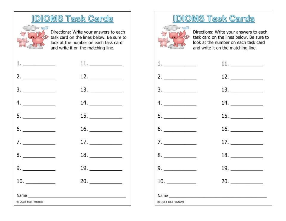 Two copies of the idiom task card recording sheet, with spaces for answers 1–20 and directions to match numbers