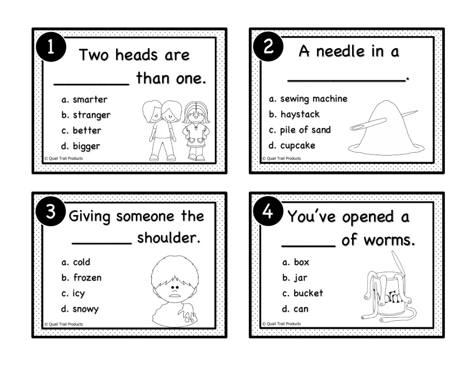 Black-and-white idiom cards 1–4 repeat the sayings about two heads, a needle, a shoulder, and a can of worms