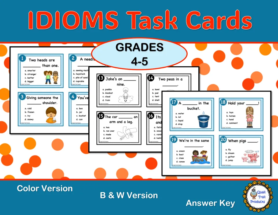 IDIOMS Task Cards cover for grades 4–5, showing sample cards and listing color, black-and-white, and answer key