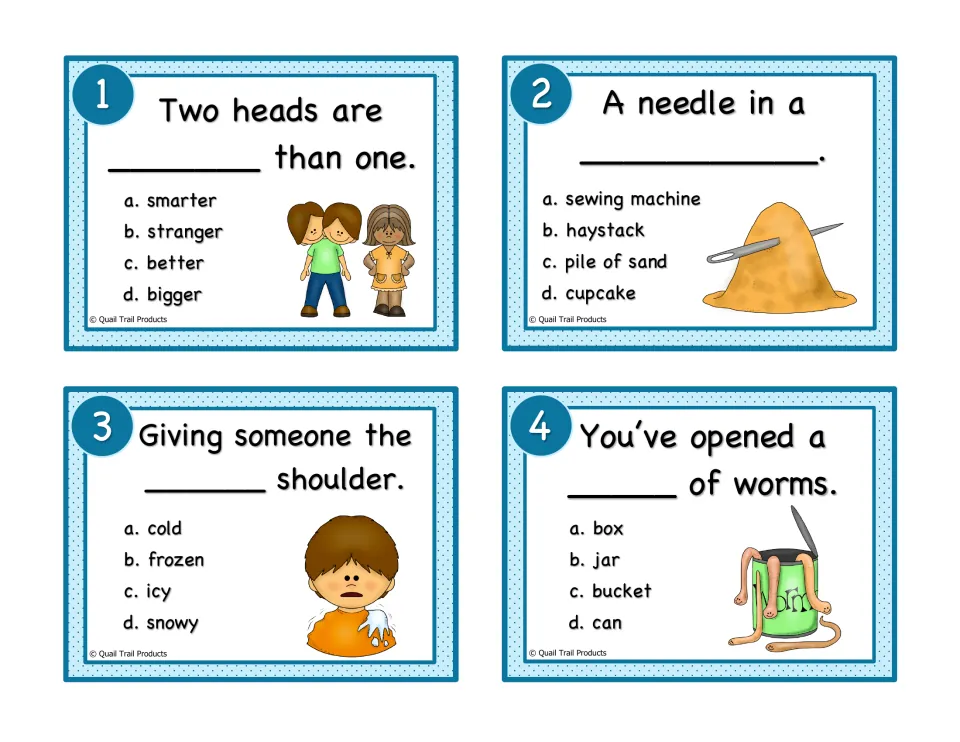 Color idiom cards 1–4: complete two heads, a needle, the cold shoulder, and a can of worms expressions