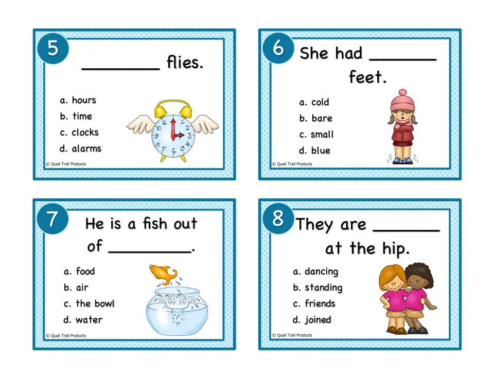Color idiom cards 5–8: complete expressions about time, cold feet, a fish out of water, and joined hips