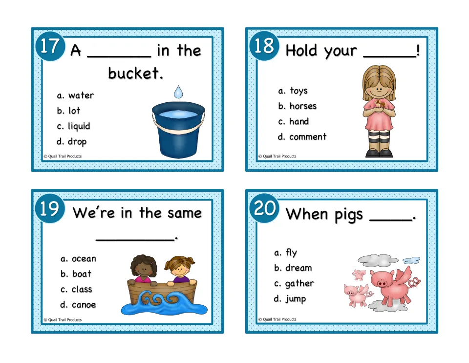 Color idiom cards 17–20: complete a drop in the bucket, hold your horses, in the same boat, and when pigs fly