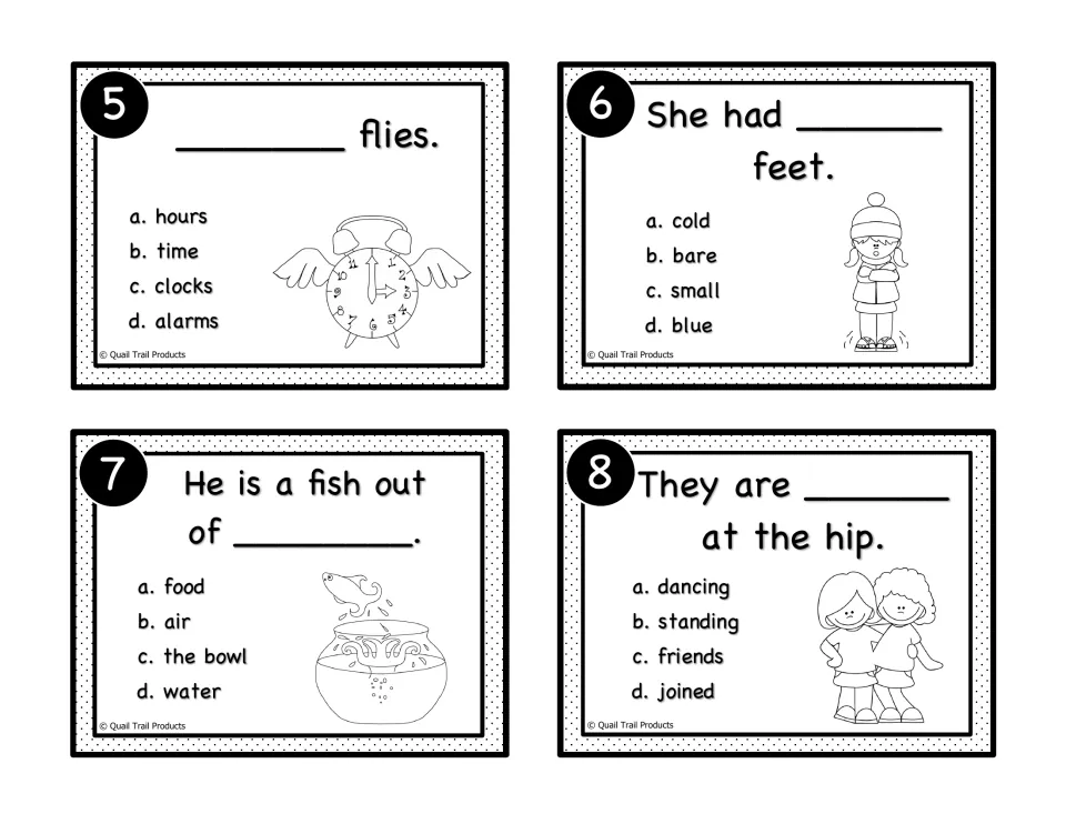 Black-and-white idiom cards 5–8: complete expressions about time, cold feet, a fish, and joined hips