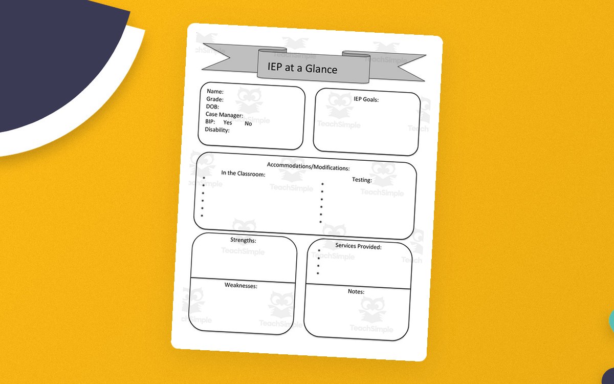 IEP at a Glance worksheet with sections for goals, disability, accommodations, strengths, weaknesses, and services.