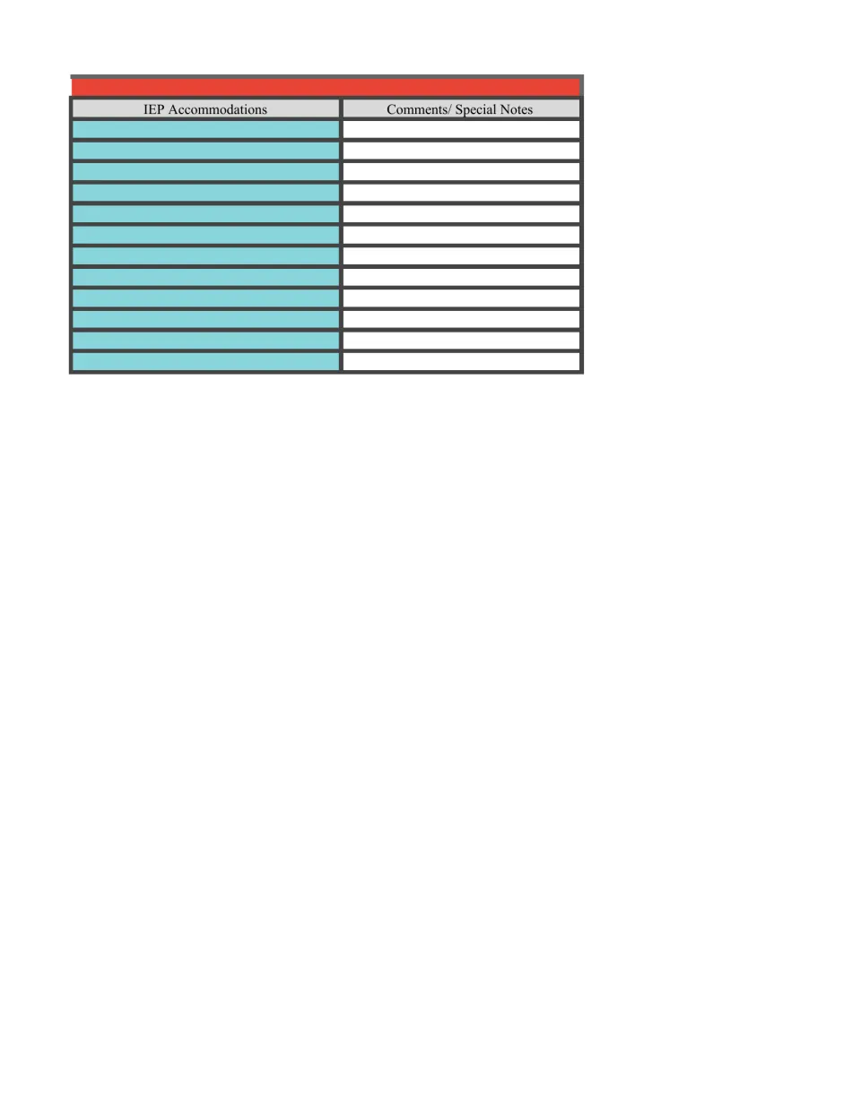 Additional blank caseload template section for documenting IEP accommodations, comments, and special notes