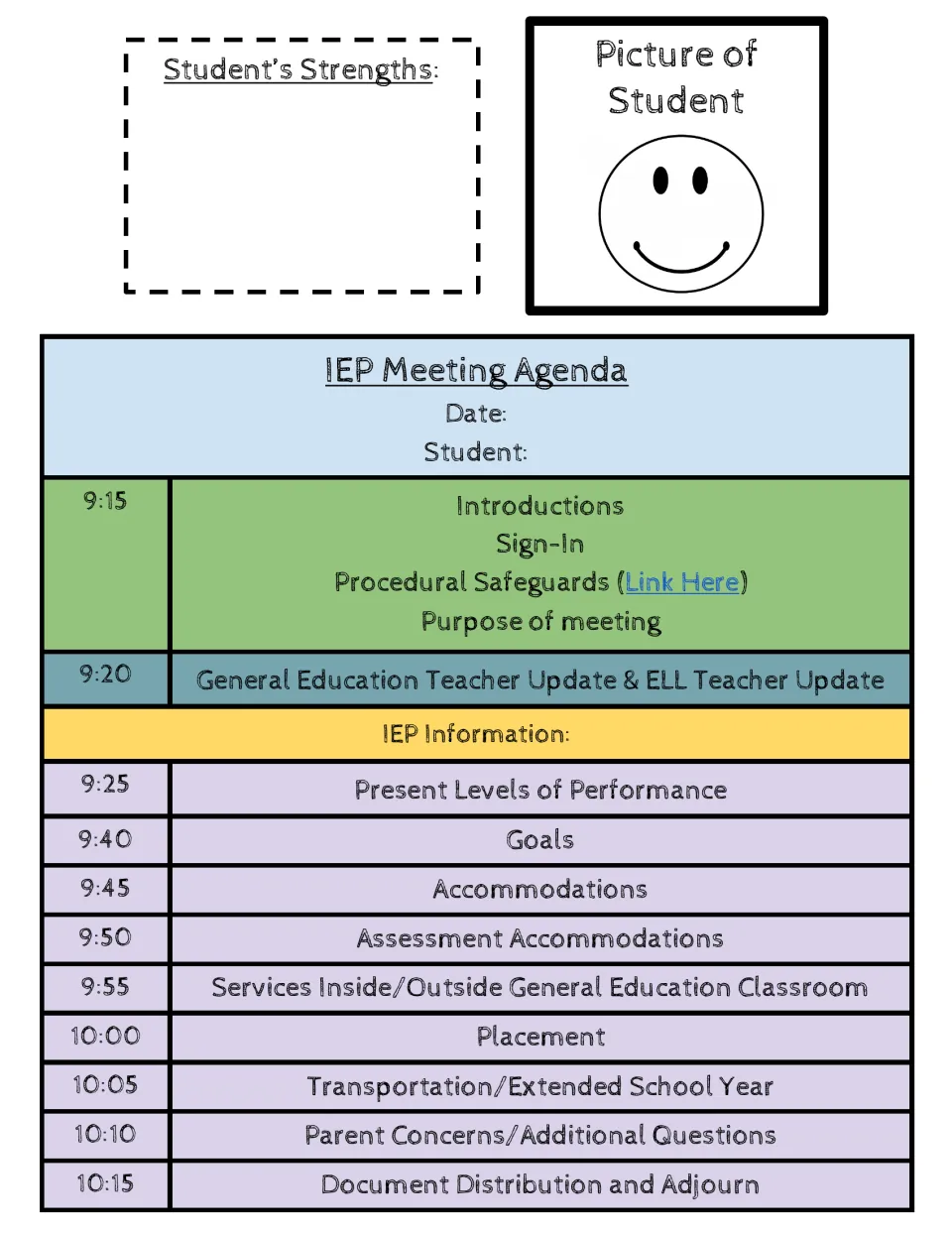 IEP agenda template 1: student strengths, student photo, date, name, and a meeting schedule from 9:15 to 10:15