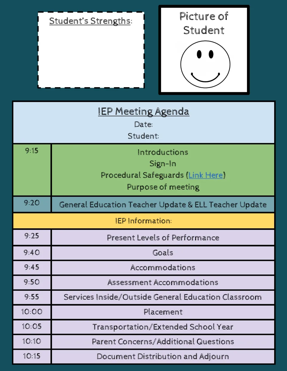 IEP agenda template 2: student strengths and photo, introductions, sign-in, safeguards, and teacher updates