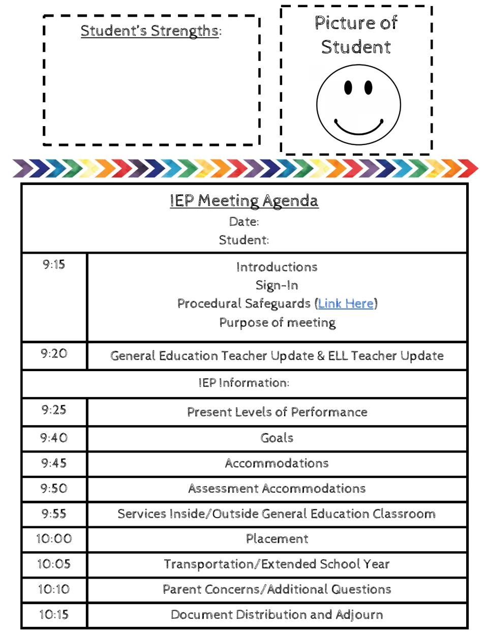IEP agenda template 4: student strengths and photo, services, placement, transportation, and extended school year