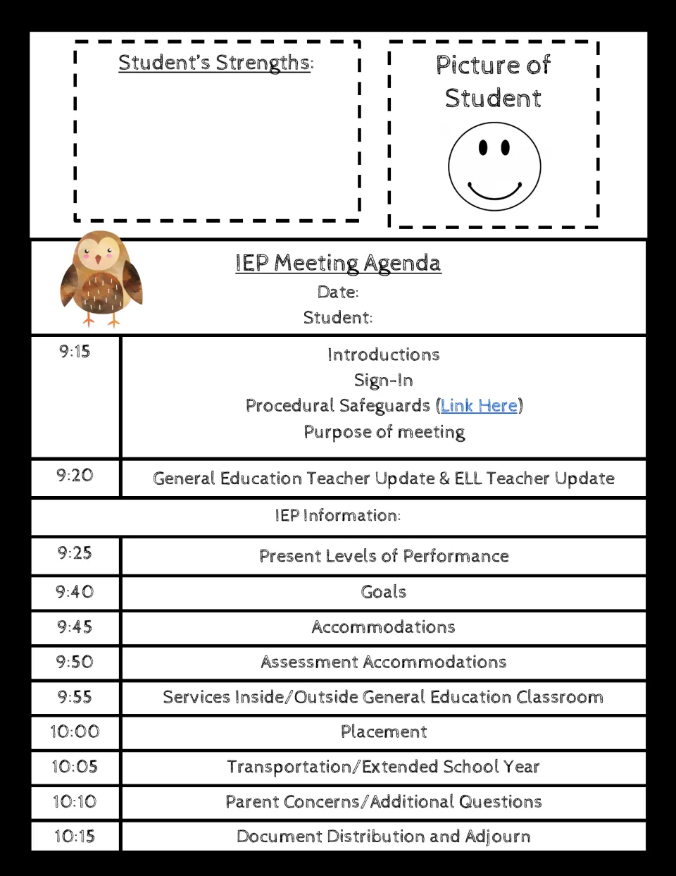 IEP agenda template 5: student strengths and photo, parent concerns, questions, and document distribution