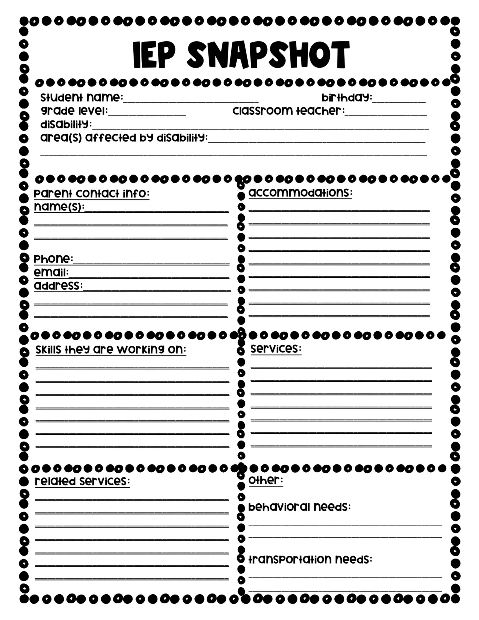 IEP snapshot: teacher fills in student details, disability, parent contacts, accommodations, services and behavior needs