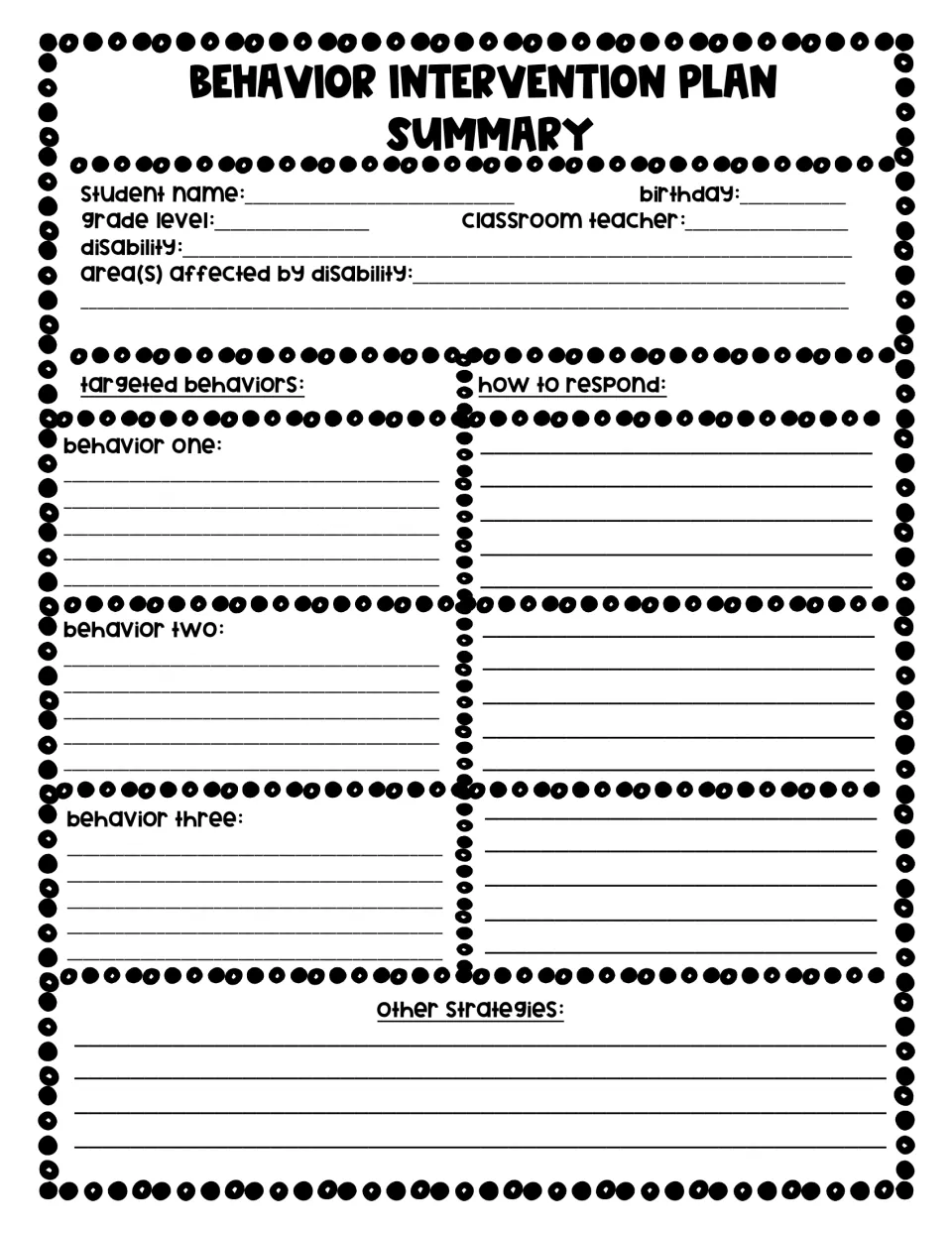 Behavior intervention plan summary: record student details, three targeted behaviors, how to respond, and other strategies