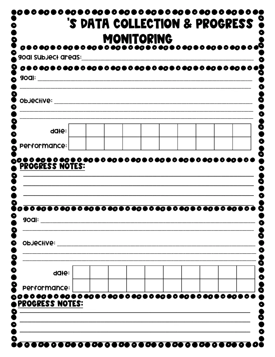 Data collection and progress monitoring form: two goals, each with objective, date and performance record and progress notes