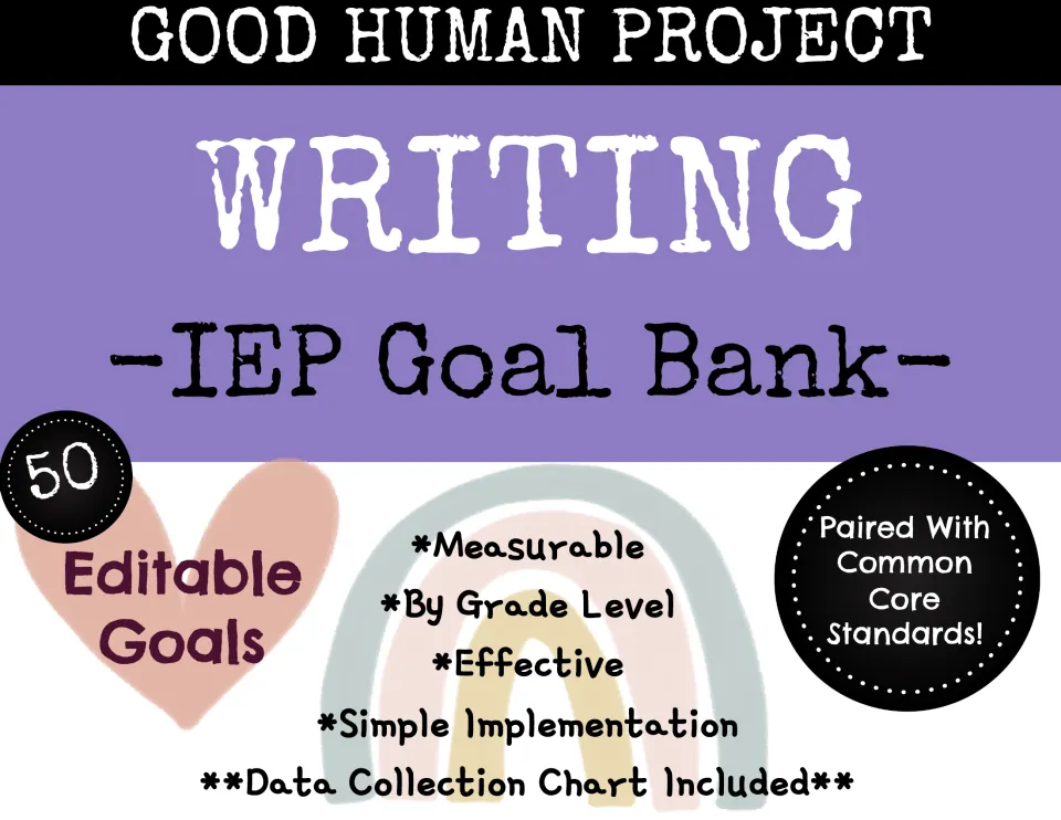 IEP Writing Goals Packet cover advertising 50 editable goals by grade level and a data collection chart