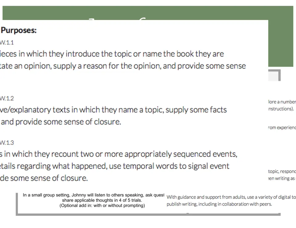 Goal bank page overlaid with first-grade opinion, informative, and narrative writing standards