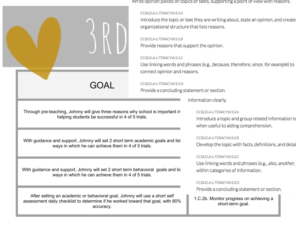 Third-grade goal bank page on school importance, goal setting, and self-assessment, with writing overlays