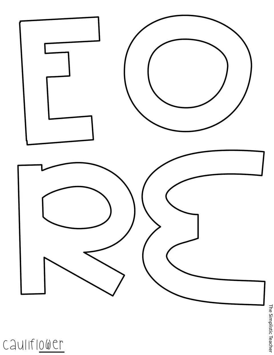 Cut-out piece: blank outline letters O, W, E and R that finish the word 'cauliflower' for the display