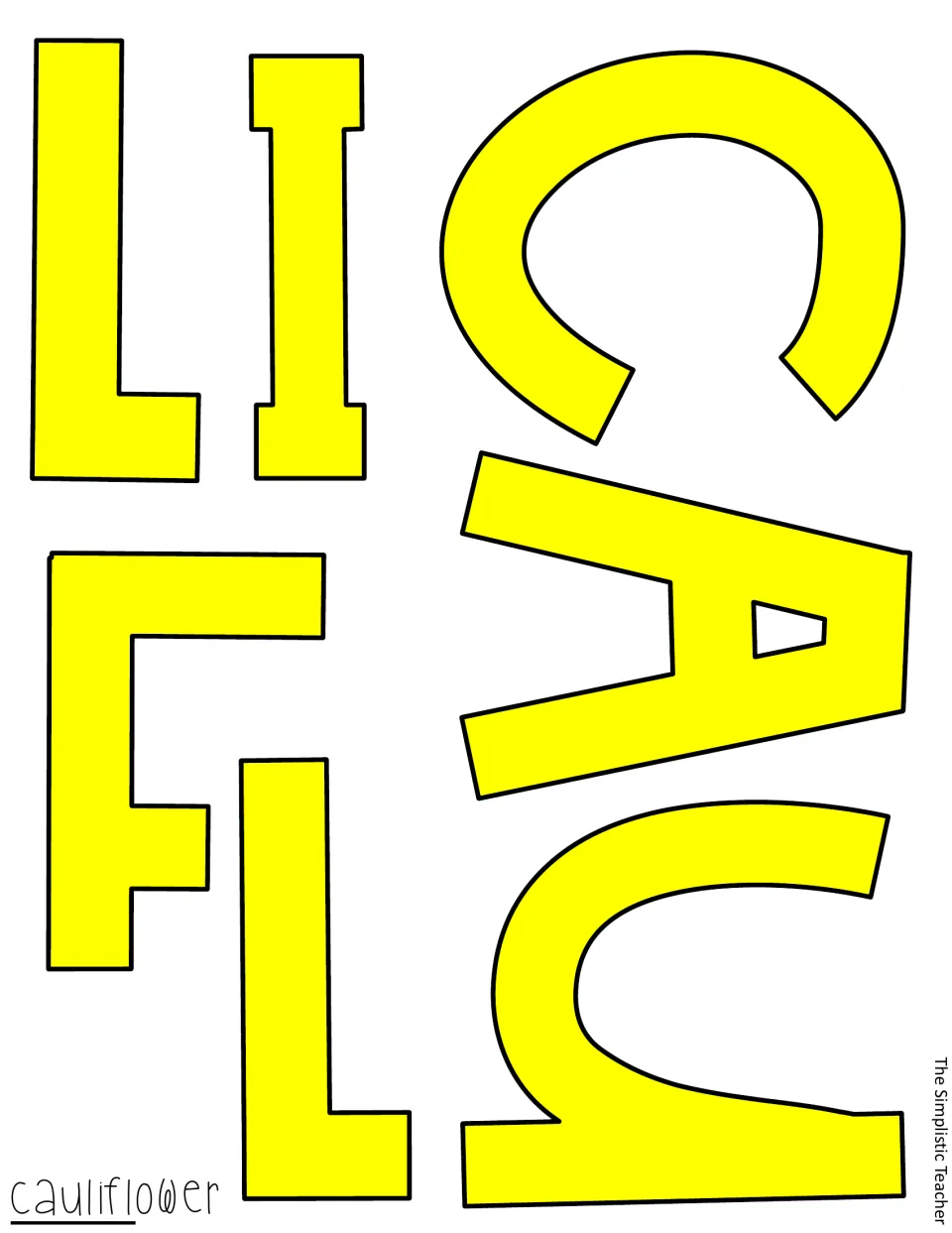 Cut-out piece: yellow letters C, A, U, L, I, F and L, the first part of 'cauliflower' printed in color to cut out