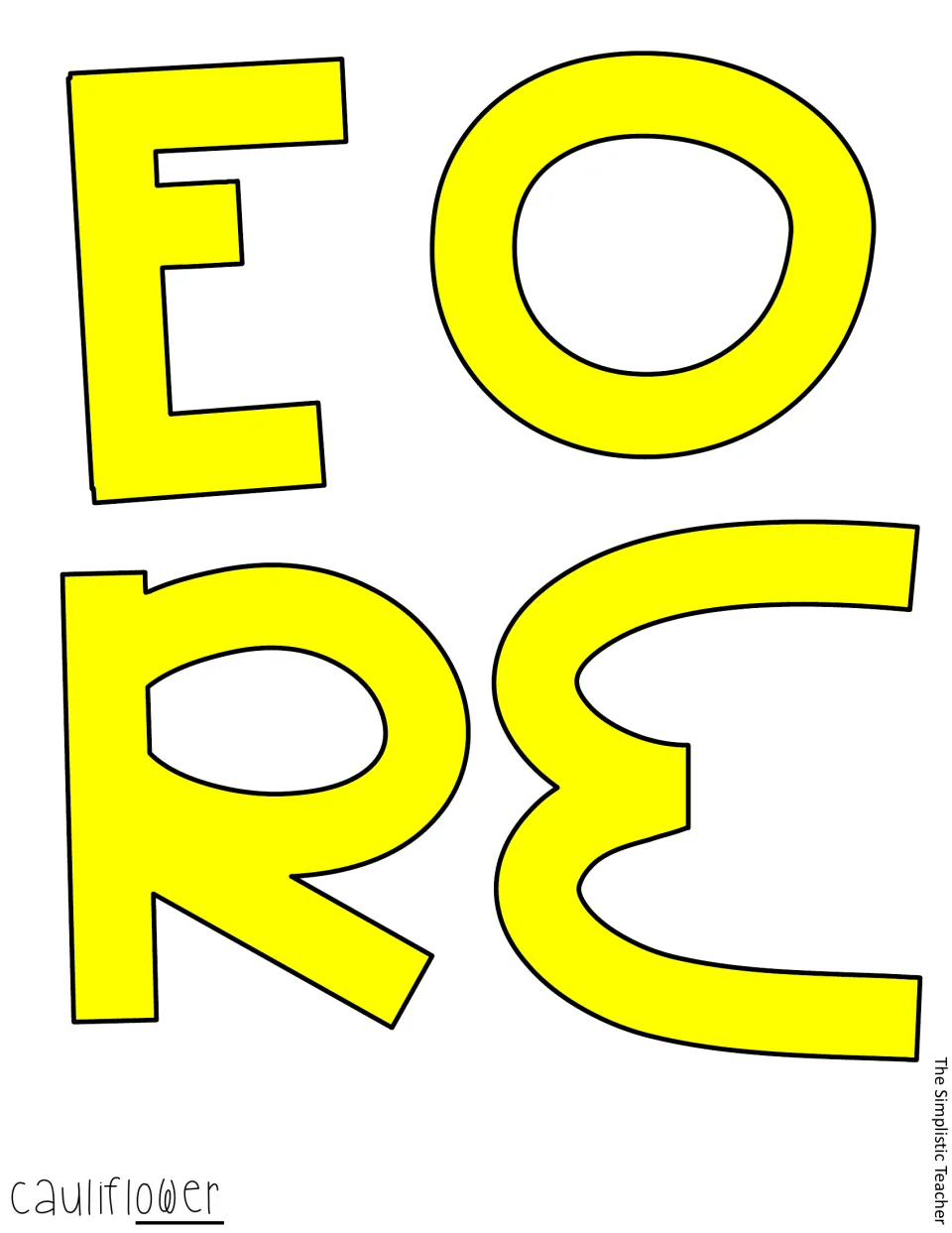 Cut-out piece: yellow letters O, W, E and R completing the word 'cauliflower' in the color version of the lettering
