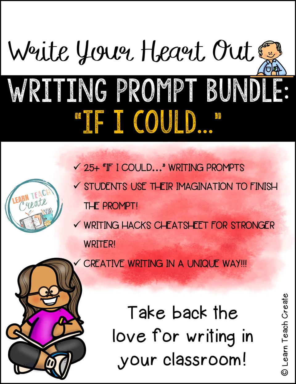 Cover of the writing bundle introducing 25+ 'If I Could...' prompts and a writing hacks cheat sheet