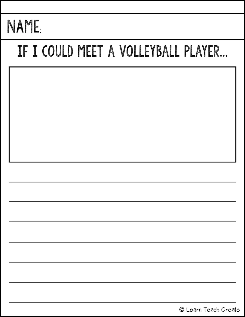 Writing prompt 'If I could meet a volleyball player...' provides space for drawing and a written response