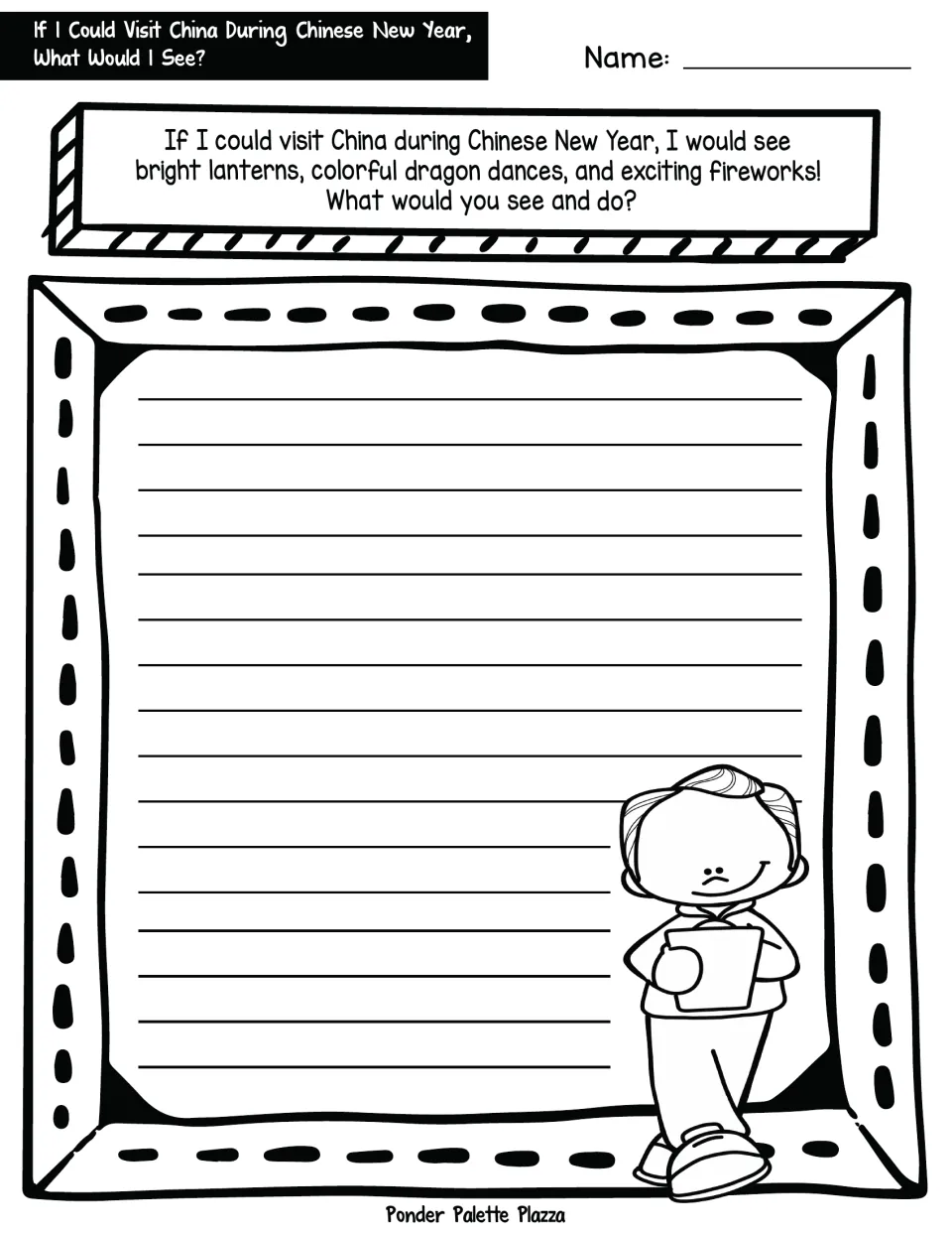 Chinese New Year writing: after a model about lanterns and fireworks, students write what they would see and do in China