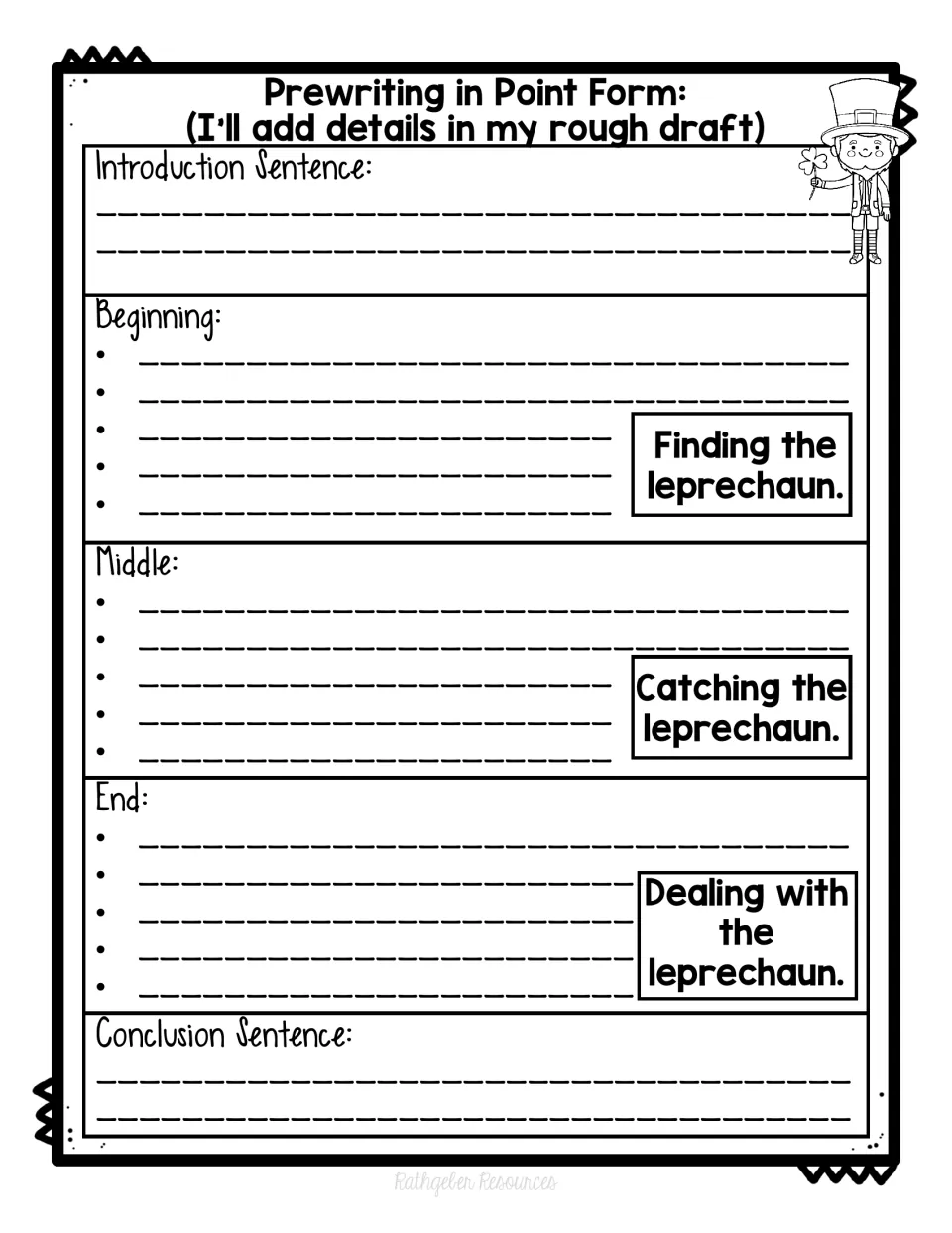 Point-form prewriting organizer for a leprechaun story's introduction, beginning, middle, end, and conclusion