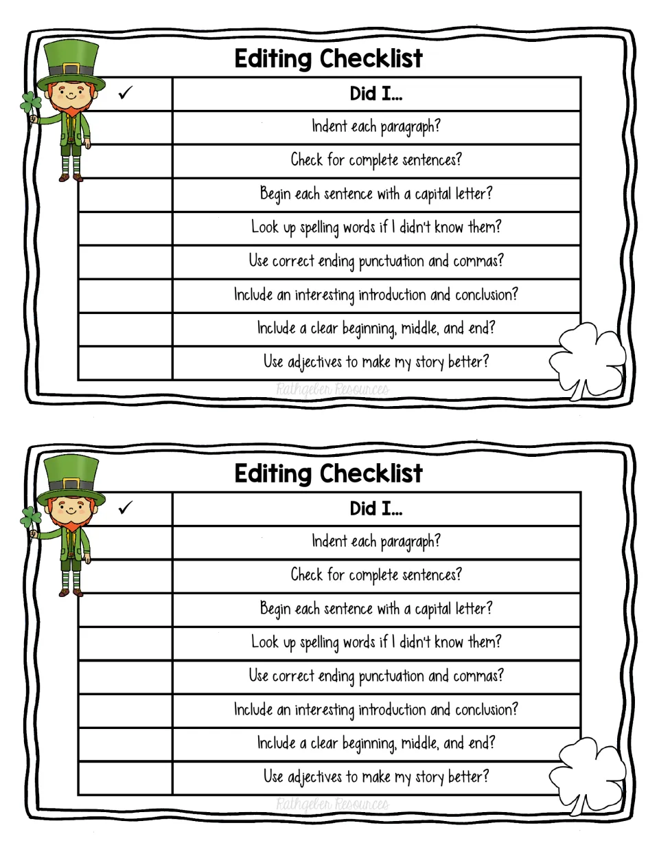 Two identical editing checklists review paragraphs, sentences, spelling, punctuation, story order, and adjectives