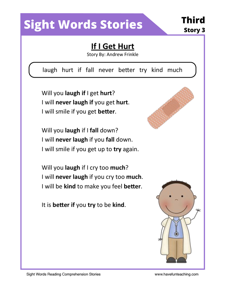 If I Get Hurt Third Sight Words Reading Comprehension Worksheet teaching resource preview