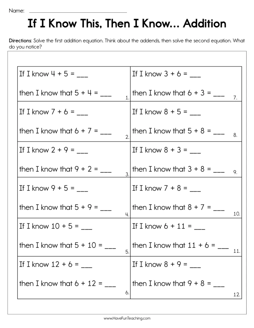 Addition practice: 12 pairs of equations reverse the addends, including 4 + 5 and 5 + 4, and 7 + 6 and 6 + 7.