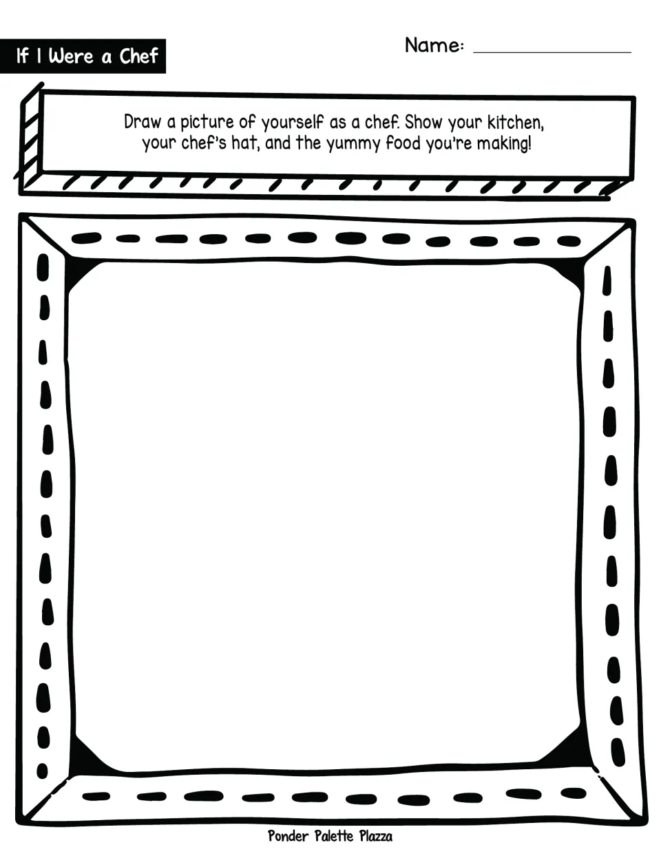 Chef self-portrait: students draw themselves as a chef with a chef's hat, their kitchen and the food they are making