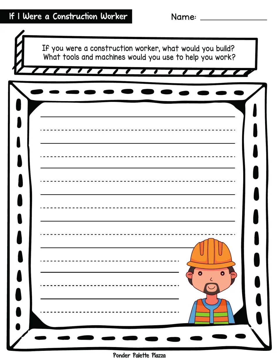 Construction worker writing prompt asks what you would build and which tools and machines you would use.