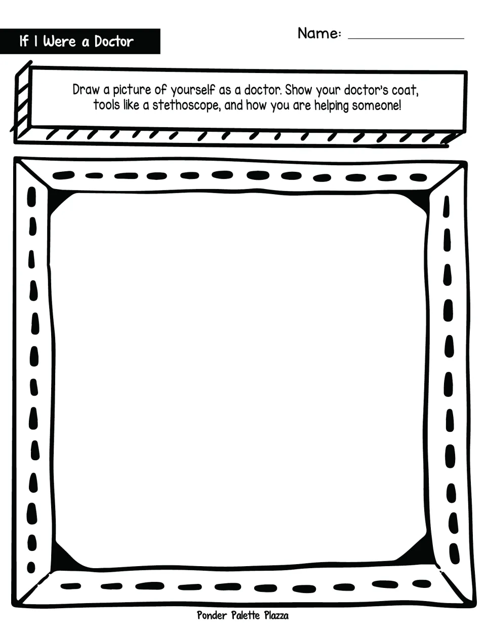 Drawing a doctor self-portrait: students draw themselves in a doctor's coat with tools like a stethoscope, helping someone