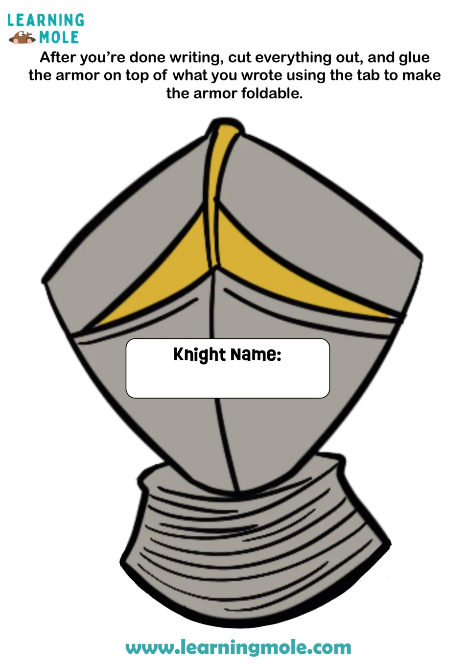 Knight helmet cut-out piece: students add a knight name, cut it out and glue it as a fold-up flap over their writing