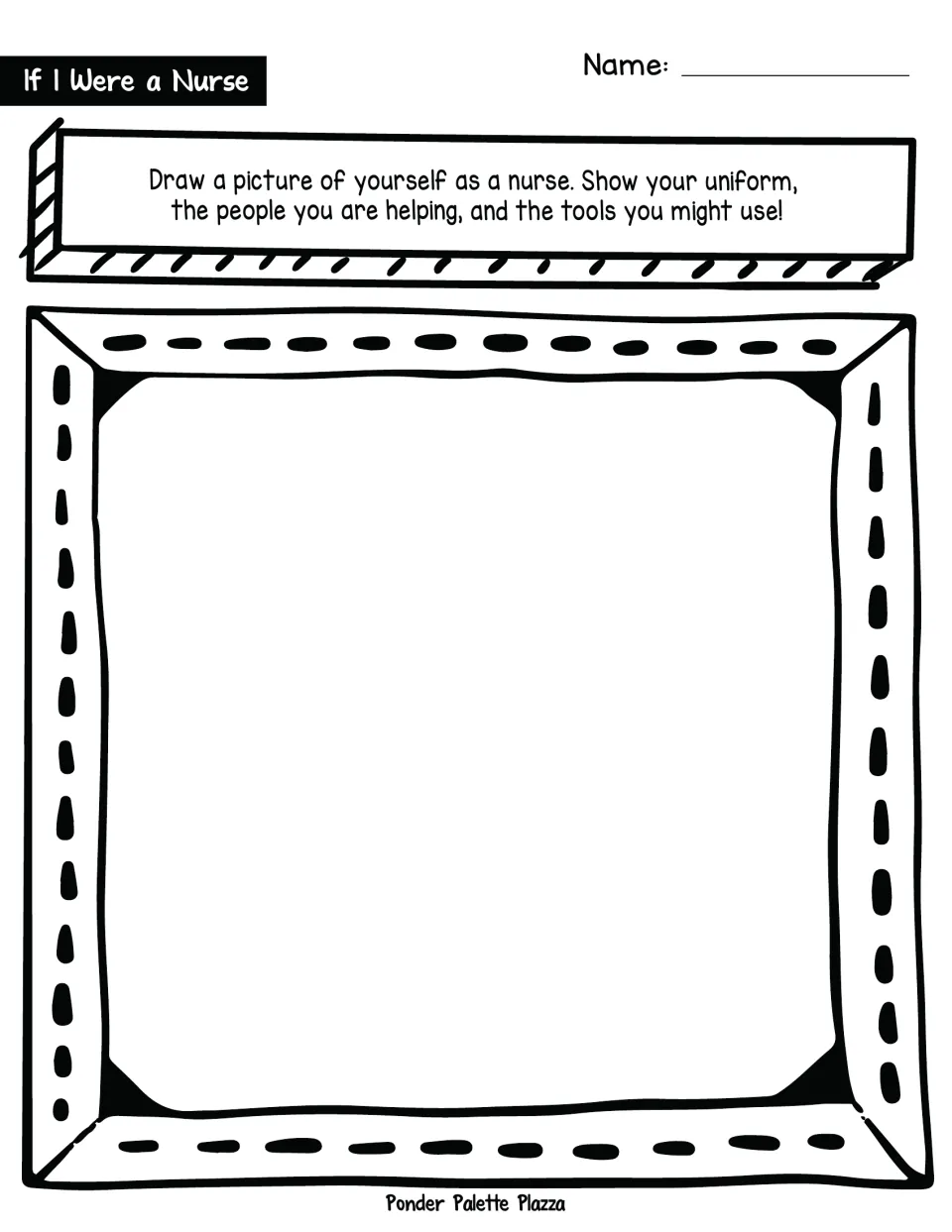 Nurse drawing prompt: students draw themselves as a nurse, showing their uniform, the people they help and their tools