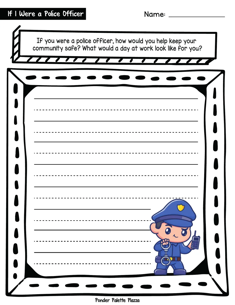 Police officer writing prompt: students explain how they would keep their community safe and describe a day at work