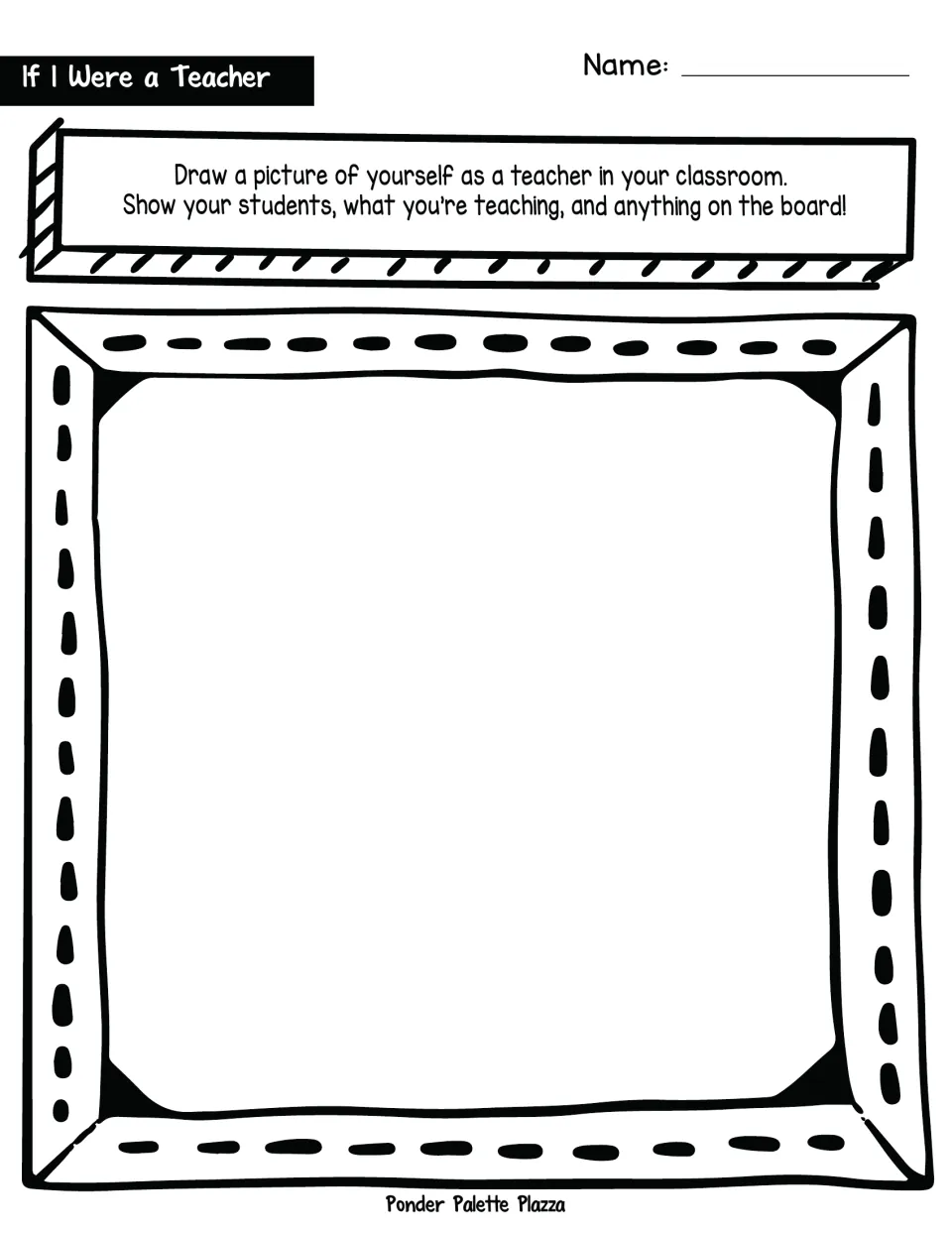 Teacher self-portrait: students draw themselves teaching, including their students and what is on the board