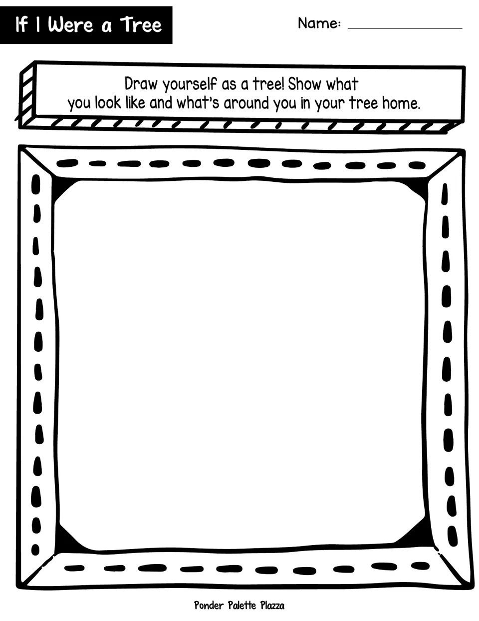 Earth Day drawing page: students draw themselves as a tree, showing how they look and what surrounds their tree home
