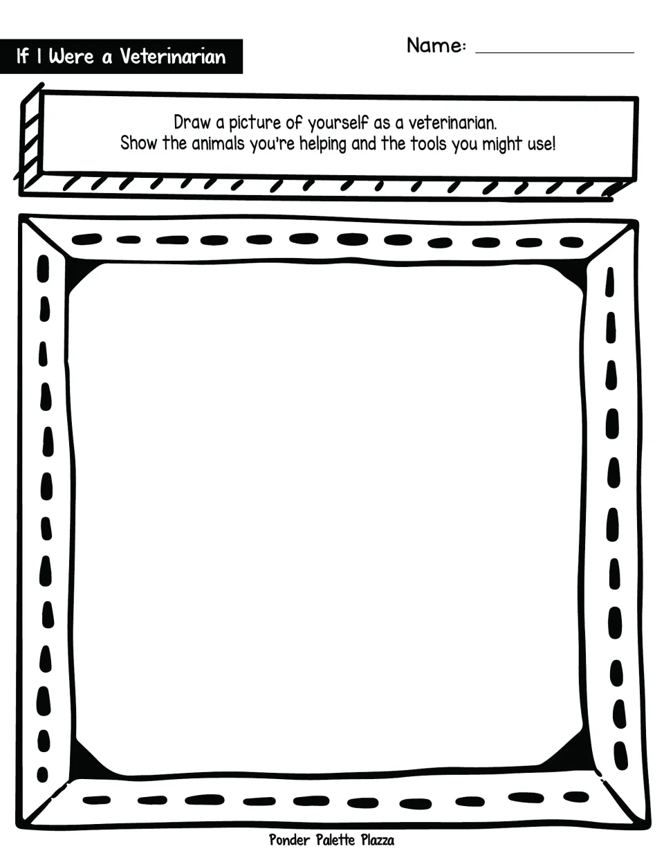 Veterinarian drawing page: students draw themselves as a vet, showing the animals they help and the tools they use