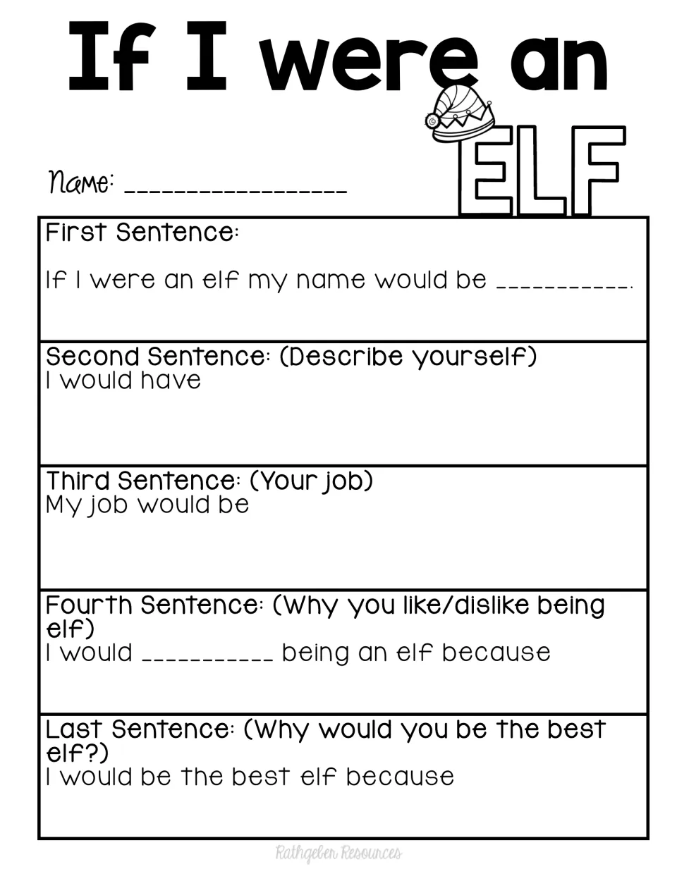 Imagining life as an elf: students finish five sentence frames with an elf name, description, job and feelings about it