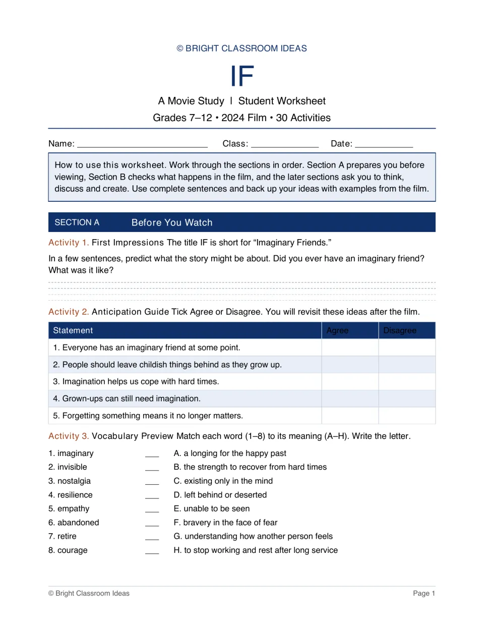 IF movie study worksheet start: students predict the story, mark an anticipation guide and match 8 vocabulary words