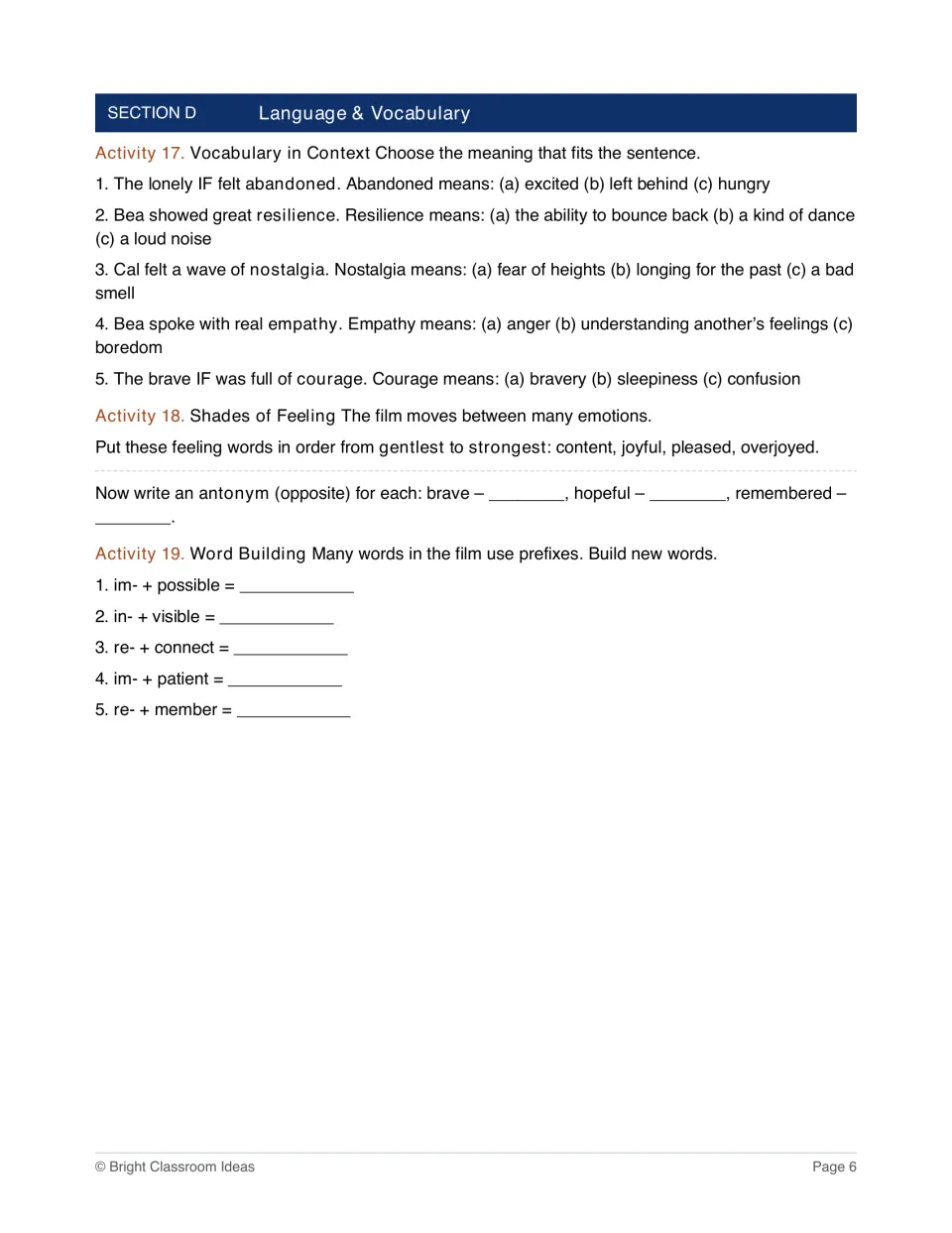 Vocabulary: students choose word meanings in context, order feeling words, write antonyms and build prefix words